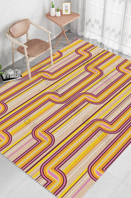 北欧现代线条管道橙色系几何条纹图案地毯图